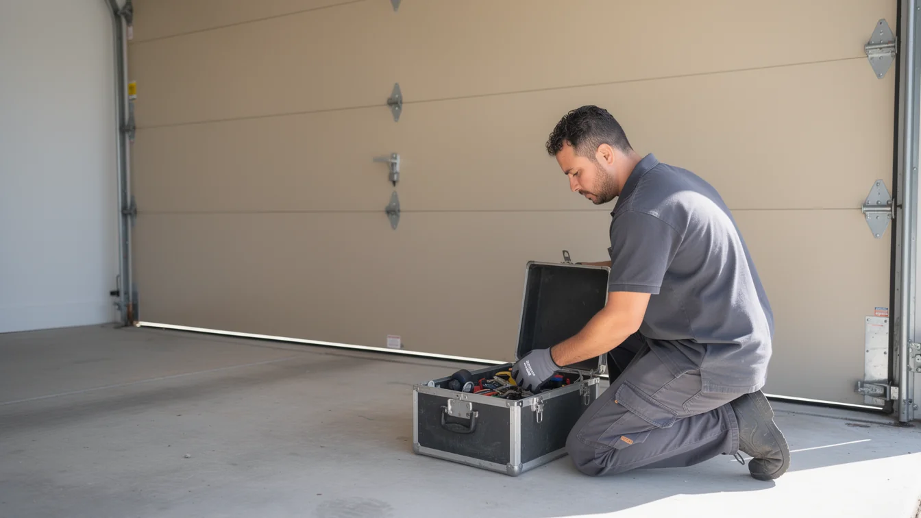 A technician kneels on the garage floor, looking into an open toolbox.