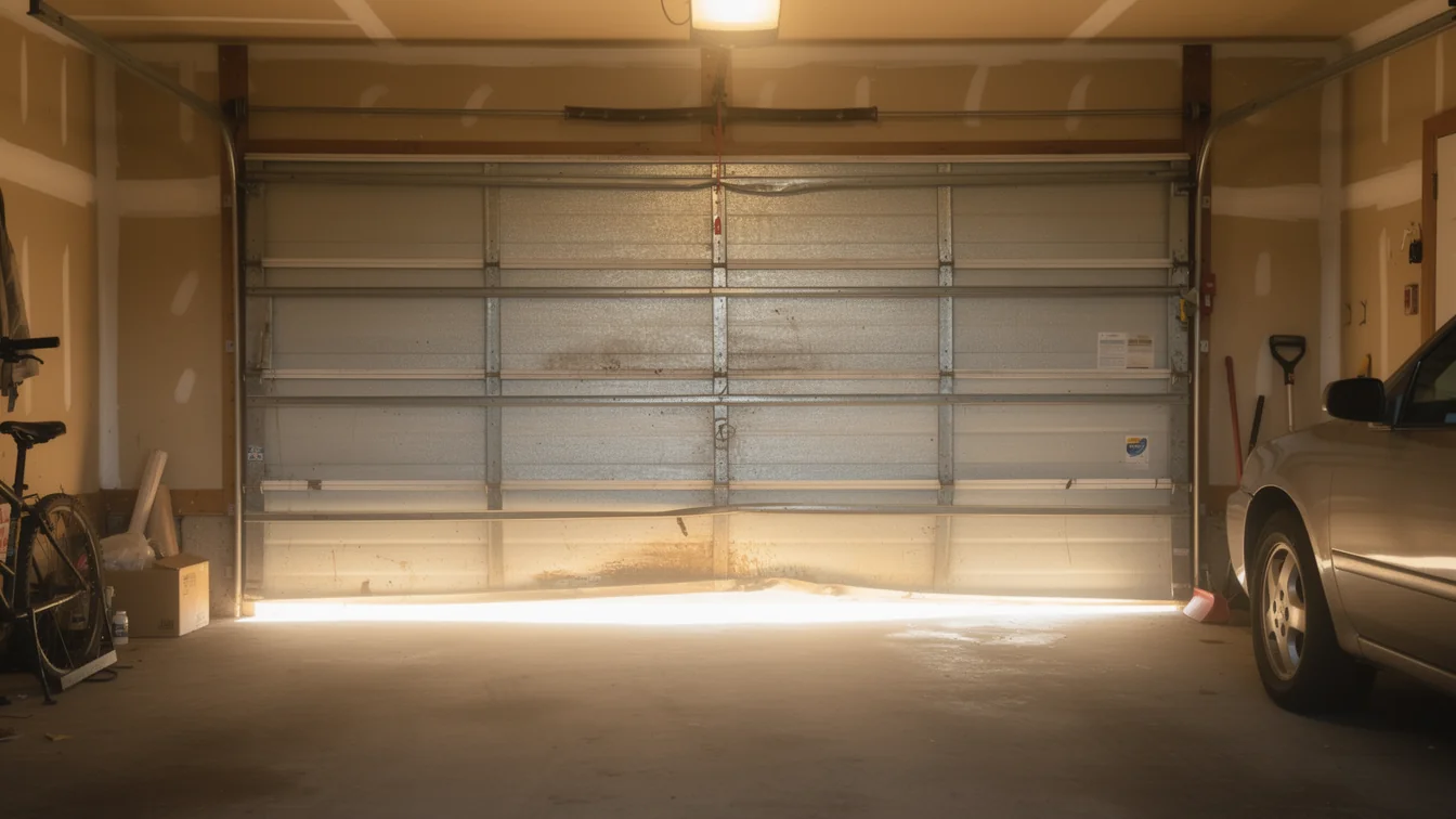 A damaged garage door is partially open, with a car and bicycle visible inside.