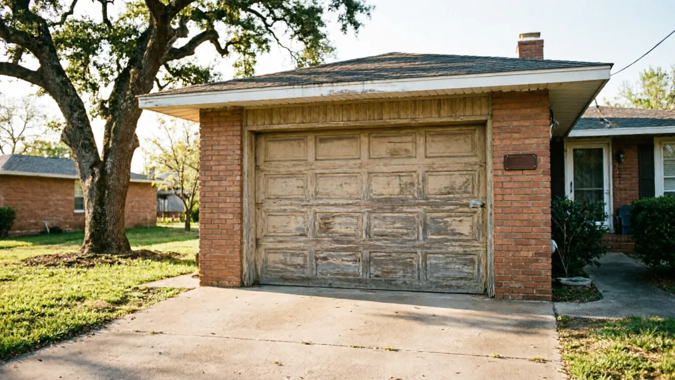 A weathered wooden garage door is on a brick house with a large tree.
