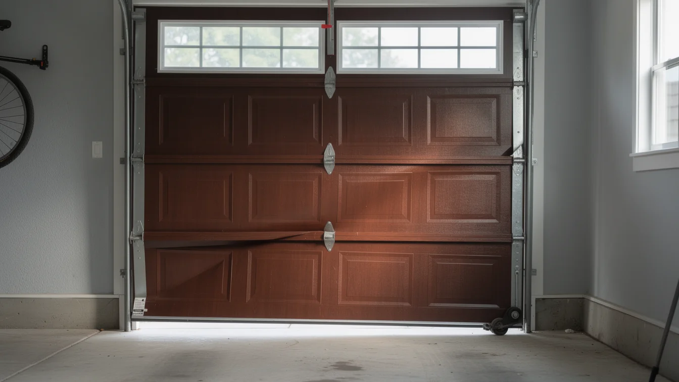The brown garage door with windows is slightly open at the bottom.