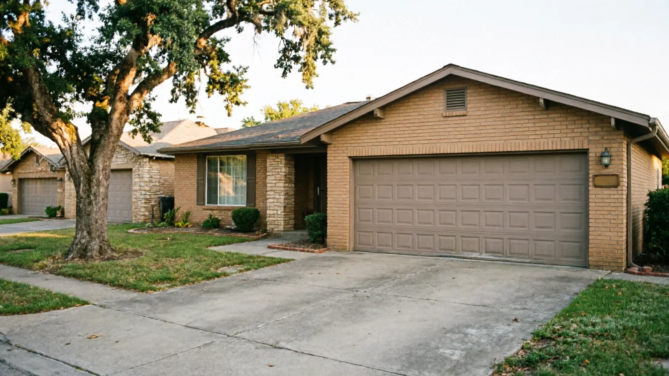 A light brown brick house has a brown garage door and a large tree in the front yard.