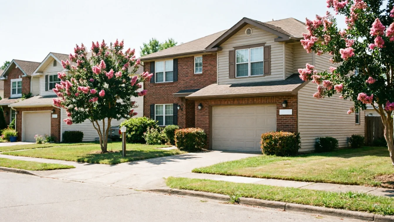 Two houses with beige garage doors and blooming pink trees line a street.